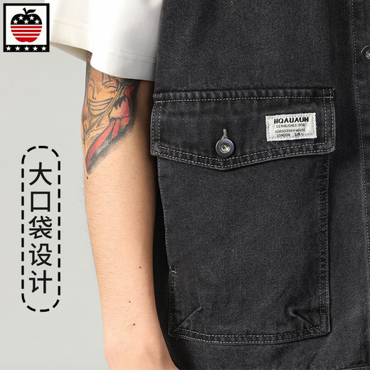
AEMAPE Apple denim vest men's jacket European and American trendy spring large pocket sleeveless tops fashion brand vest horse clip 9215# black 5XL (recommended 230 250Jin [Jin equals 0.5 kg])