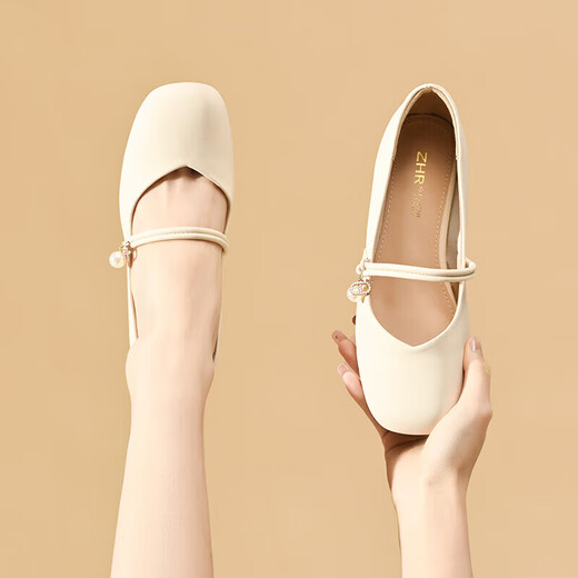 ZHR Single -Schuhe für Frauen mit flachen Munddicke dicke Absätze Mary Zhen Frauenschuhe Temperament Vielseitige Schuhe für Frauen CG71 Beige (klassisch) 36