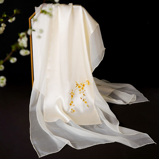 Hangzhou Silk Road Su-embroidered Silk Scarf for Women in Summer Mulberry Silk Sunscreen Scarf Floating Gauze Thin Shawl Outside Mom's Birthday Gift Gold