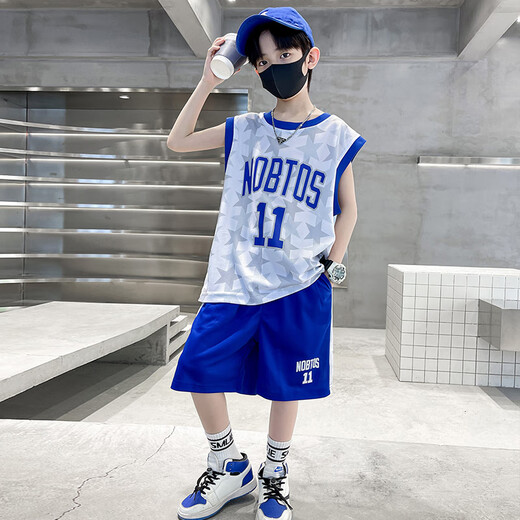 AN男童篮球服套装夏季薄款2025新款中大童运动夏装儿童装背心速干衣 12113蓝色 140 (身高130-140cm)