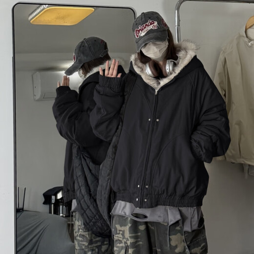 OEMG Mountain Carving Cotton Clothes Men's Autumn and Winter American Retro Hooded Trendy Brand High Street Short Design Sensational Jacket Thick Jacket Light Gray XL Recommended 110-130Jin Jin equals 0.5 kg