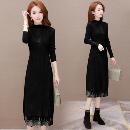 Ou Simai knitted dress women's lace slimming coat wear fashionable knitted wool bottoming skirt mid-length temperament skirt women WWZ209550 black 2XL