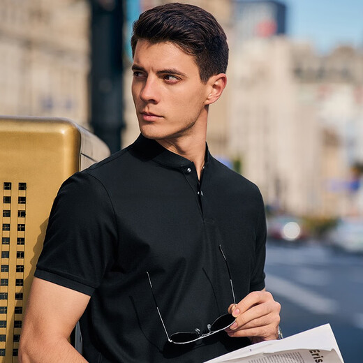 Mr. Cloth Fashion Stand Collar Pure Cotton Herren T-Shirt Frühling und Sommer Neue Slim Black Short Sleeve Business Casual AT12023 Black XL (180)