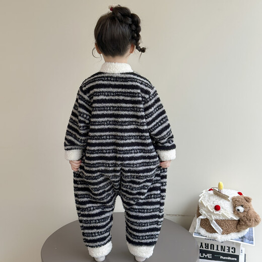 Cool sheep children's one-piece pajamas winter warm flannel children's baby sleeping bag winter thickened girls striped home clothes dark gray 140