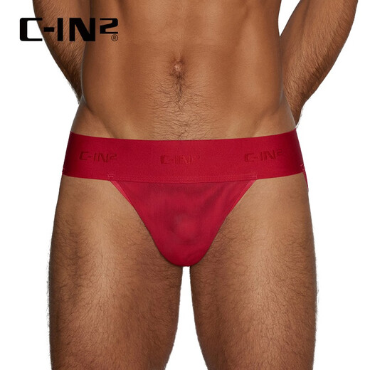 C-IN2 new men's thong mesh elastic hip lifting U-convex low-waist sexy double thong for men 5725FA red 608- 1 pair M suitable for 2'4-2'5 waist (31-33 size)