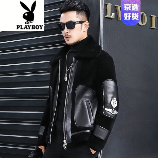 Playboy Haining sheep sheared fur coat all-in-one men's winter leather coat grain velvet jacket fur youth coat trendy black 4XL
