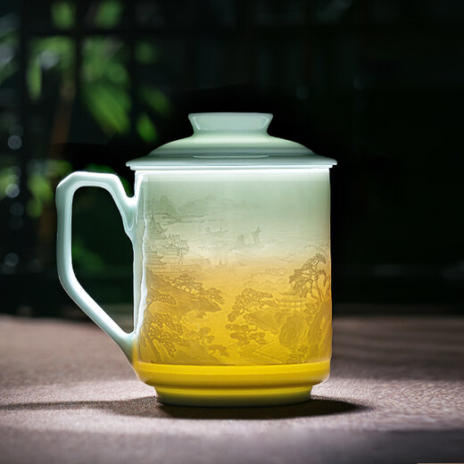 Gold inlaid jade teacher Huang Shouliang handmade Jingdezhen ceramic tea cup shadow green carved office tea cup Penglai Wonderland
