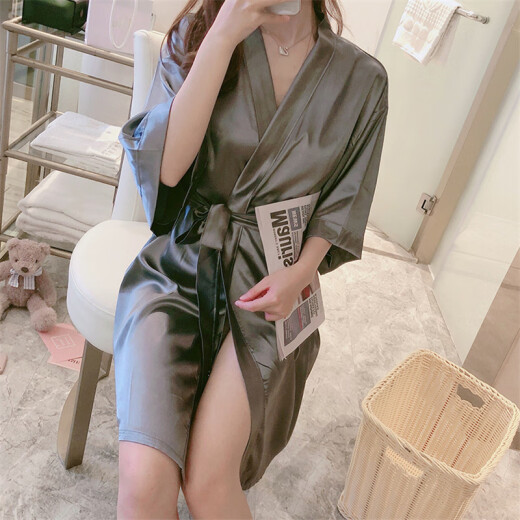 Mengyuanduo Pyjamas für Frauen im Sommer Eis dünne Yukata Pyjamas Schnüreschlafe sexy Damen Kurzer Frühlings- und Herbst-Internet-Promi-Hauskleidung 9896 Dunkelgrau Nachthemd XL (116-135jin [Jin gleich 0,5 kg]))