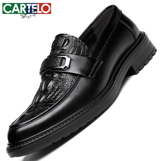 卡帝乐鳄鱼（CARTELO）男士商务休闲皮鞋一脚蹬透气软牛皮鳄鱼纹乐福鞋皮鞋男9896黑色43
