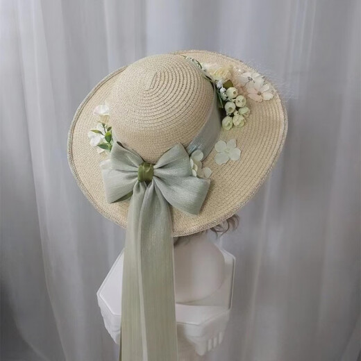 Handmade diy straw hat sun hat Mother's Day gift holiday sun hat hat event warm-up material package silk flower style classic green material package one size fits all