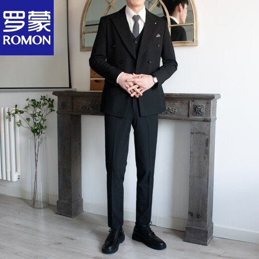ROMON lapel collar double-breasted suit men's suit wedding groom's style formal groomsman suit men's suit three-piece high-end medium gray jacket + pants L