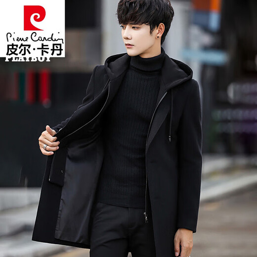 Pierre cardin high-end brand winter woolen coat for men's mid-length wool trench coat plus velvet casual hooded wool coat for men 1852 burgundy black hat 2XL [141-160Jin [Jin equals 0.5 kg]]