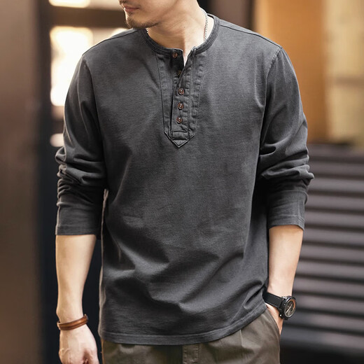 Chaotishi high-end retro long-sleeved t-shirt for men in autumn loose large size pure cotton tough guy casual Henry collar bottoming shirt top mocha brown L 130-145Jin Jin is equal to 0.5 kg