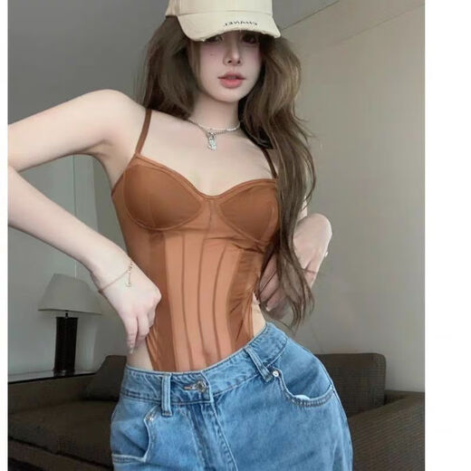槿城纯欲甜辣妹性感连体上衣夏季小众网纱抹胸吊带背心打底衫女N967 棕色 均码【胸围68-90cm】