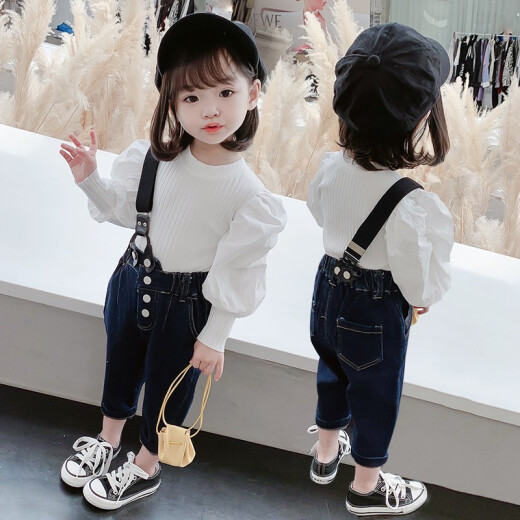 Haizhile Children's Clothing Girls Autumn Clothing Set 2021 New Children's Overalls Two-piece Set Western Style Three-Year-Old Baby Girl Autumn Little Girl Clothes Trendy Dark Blue 90 Size Recommended Height 90cm