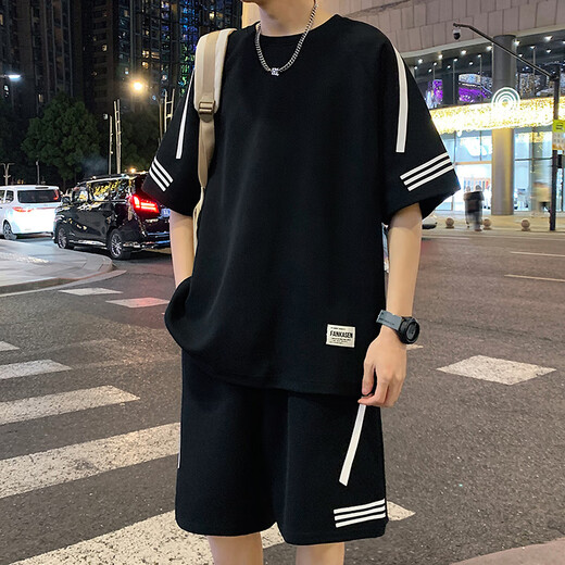 Foss Phil冰丝短袖t恤短裤套装男夏季高街潮流宽松直筒阔腿休闲运动两件套 FKS-FKS653白色 XL(建议130-150斤)