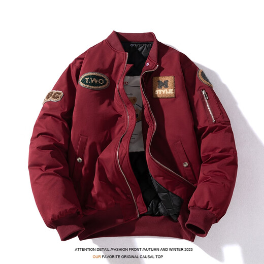 JEEP SPIRIT American retro terry embroidered baseball jacket men's autumn and winter loose bomber jacket couple wear cotton jacket spring and autumn thin. style burgundy removable hood 3XL recommended 165-195Jin Jin equals 0.5 kg
