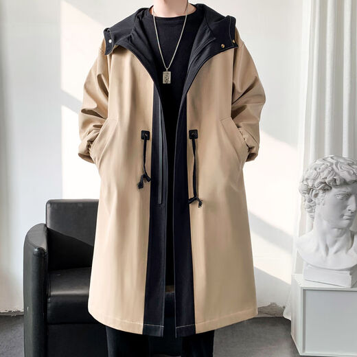 Kaduton Spring and Autumn Long Knee Windbreaker Men's Hooded Korean Large Size Loose Contrast Color Spliced ​​Jacket Men's Coat Trendy Cloak Black Spring and Autumn Style 2XL (Recommended 155-180Jin Jin is equal to about 0.5 kg)