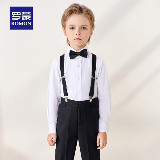 罗蒙儿童礼服六一演出服男童毕业主持长袖长裤背带套装 黑色150
