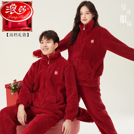 LangSha (LangSha) autumn and winter wedding couple pajamas red coral velvet thickened plush men and women newlyweds home clothes set 9717+ pattern + double rain plush plush L women's style: Recommended 100-120 Jin [Jin equals 0.5 kg]