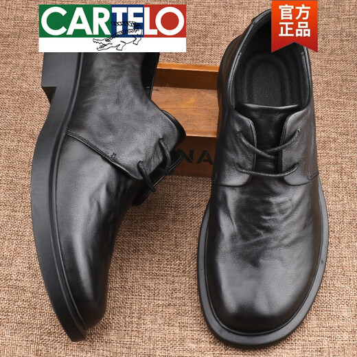 CARTELO high-end business low-cut round-toe casual leather shoes 2025 new men's shoes youth lace-up genuine leather cowhide small leather shoes for men black 42
