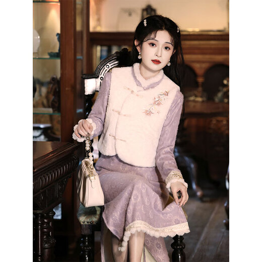 Du Yanzhi purple cheongsam new autumn and winter thickened velvet new Chinese style vest suit beautiful improved young style vest + skirt L (165) 100-110Jin Jin equals 0.5 kg
