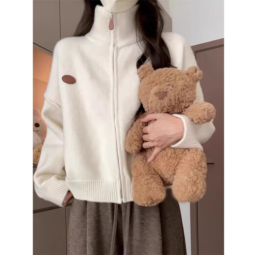 LDBE turtleneck sweater for women autumn and winter 2025 new relaxed Korean style lazy style soft waxy sweater zipper cardigan jacket beige M