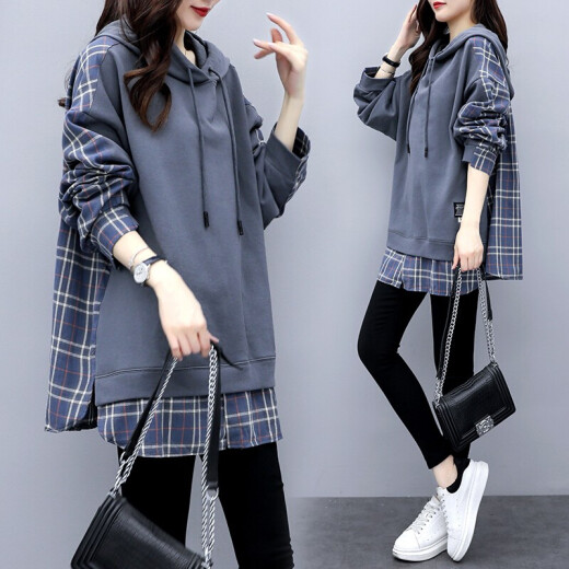 Blue jade sweatshirt women's new product 2021 spring and autumn new Korean style loose hooded fashion splicing small tops short coat women's trendy dark gray XL [recommended about 120-140Jin [Jin equals 0.5 kg]]