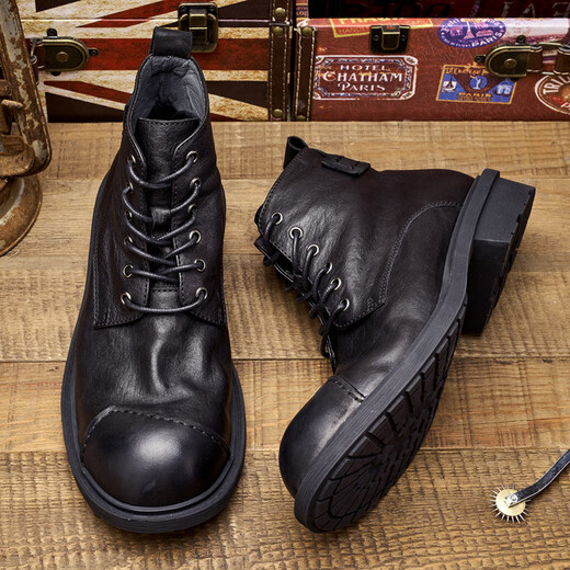 Lingbu Big Head Martin Boots Männer echte Leder Retro Männer Boots Männer Lederschuhe High Top Trendy Short Stiefel Japanische Patch Arbeiten Männer schwarz 40