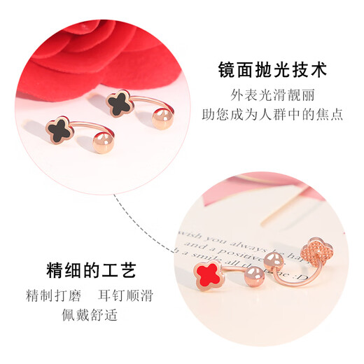 Zhongxin Jewelry Four-leaf Clover Color Gold Earrings Women's 18k Gold Twist Screw Hook Earrings Small 750 Rose Gold Ear Hook Ear Buckle Double Ear Hole Red Four-leaf Clover Hook Earrings (Single Edition)