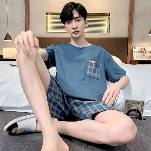 Manzhizhuang Pyjamas Herren Sommer Pure Cotton Shorts Shorts für Teenager Lose Heimkleidung für den Sommer-Dünnstil können am äußeren Anzug mittleren Alters HD9928 L getragen werden (empfohlen 100-125 Jin [Jin gleich 0,5 kg]))