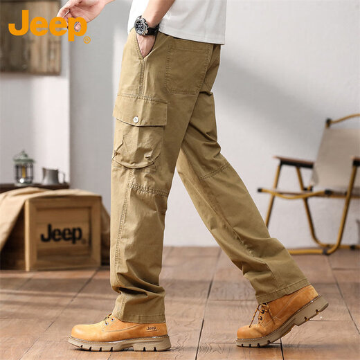 Jeep (JEEP) overalls men's autumn and winter casual pants men's loose trendy pure cotton straight-leg men's pants Khaki XL