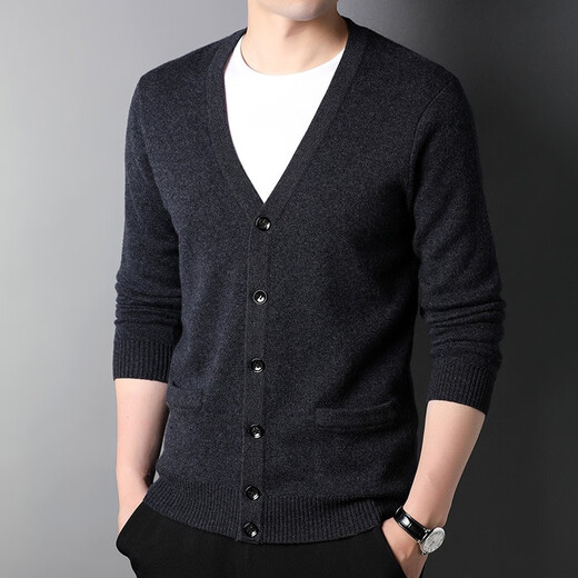 Hengyuanxiang pure wool sweater men's autumn and winter new men's wool sweater cardigan sweater sweater jacket V-neck pure wool thickened dark red M recommended 100-120Jin Jin equals 0.5 kg