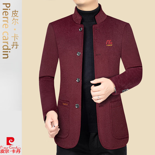 皮尔卡丹（pierre cardin）新款中年男士立领羊毛呢夹克外套加绒加厚商务休闲男装针织 卡其色 180 (131-145斤)