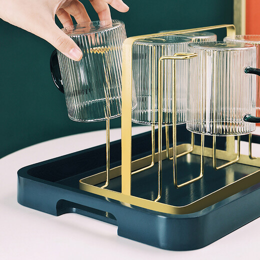 OUFANMEI household cup holder, water cup rack, glass cup upside-down drain rack, storage rack, creative storage rack, storage tray, green iron tray (small size)