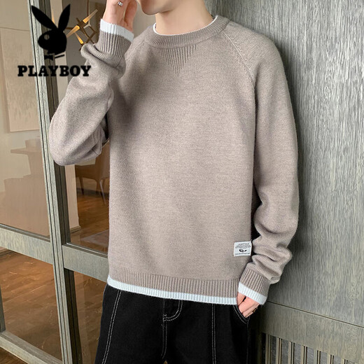 花花公子（PLAYBOY）毛衣男款2024春秋季潮牌上衣服圆领套头针织衫秋冬装日系复古外套 K15044灰色+K16837蓝色 M