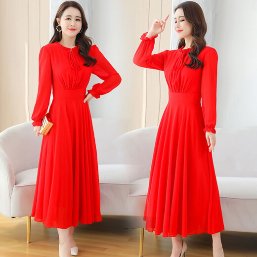 HKPK Toast Wear Evening Dress Long Sleeve Dress Bridal Autumn Wedding Dress Back Door Dress Mid-Length Chiffon Female Reception Red S One Size