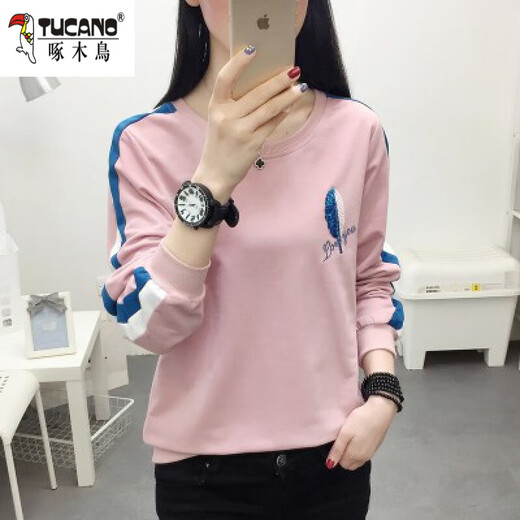 啄木鸟（TUCANO）少女卫衣女加绒纯棉初中生长袖T恤高中学生打底衫秋季新款上衣宽 6187杏色 M码【建义85-100斤】