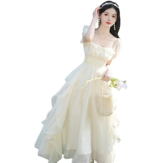 LPOX裙子女夏季2025新款甜美短袖连衣裙女气质仙荷叶边连衣裙女夏季 杏白 M