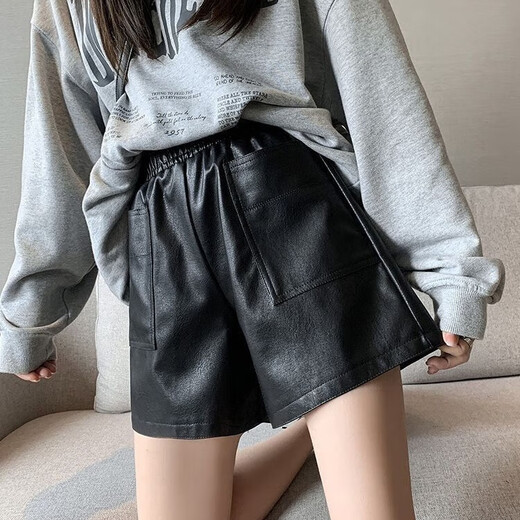 Lanqi shorts women's outer leather pants spring and autumn black hot pants 2025 new style with boots boot pants high waist versatile black vertical purse leather shorts L 100-120 Jin Jin equals 0.5 kg
