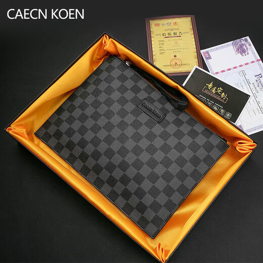CaecnKoen男士手包商务休闲韩版手拿包男多卡位手夹包时尚潮流手抓包信封包 黑色格子