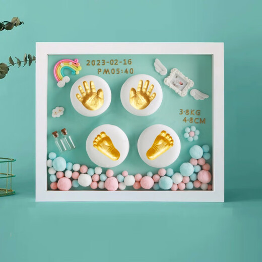 满月纪念手足印泥相框胎毛脐带新生儿宝宝百天手脚印婴儿周岁礼物 豪华款12寸【花开富贵】粉款金漆