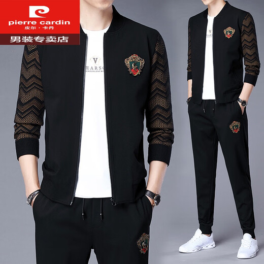 Pierre Cardin (Pierre Cardin) Sportanzug für Männer mit Mulberry Seide 2025 Herbst und Winter Mode hübsches Set mit Hose lässig Sweatshirt Herrenkleidung schwarz 6628 l 175/88a