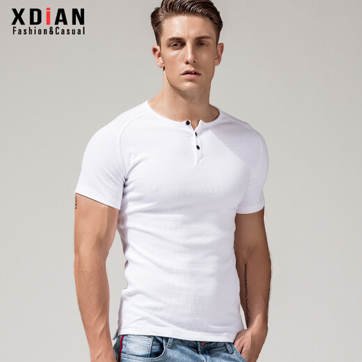 Erneuerung kurzärmeligte T-Shirt für Männer, enge Henry-Kragen reines Baumwollkragen schwarzes T-Shirt für Männer, Slim Sport Top Base Shirt, Schwarz L.