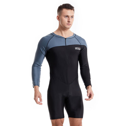Luo Huodou swimsuit men's one-piece boxer one-piece swimsuit short-sleeved boxer sun protection quick-drying surfing suit snorkeling wetsuit black gray XL (110-130Jin Jin equals 0.5 kg)
