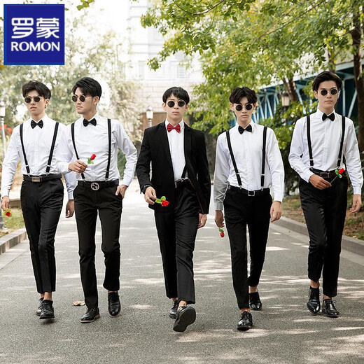 罗蒙（ROMON）伴郎服西式兄弟装男士西装马甲衬衫三件套装结婚礼服兄弟团服夏季 黑马甲+白色 长-袖+黑裤( 领结) M