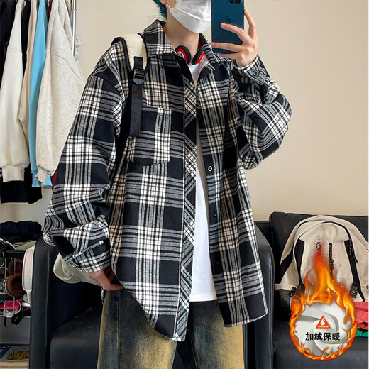 轩凡朵加绒加厚长袖衬衫男士秋冬季新款美式复古潮流牌衬衣百搭大码外套 c9734蓝格 M  建议90-110斤