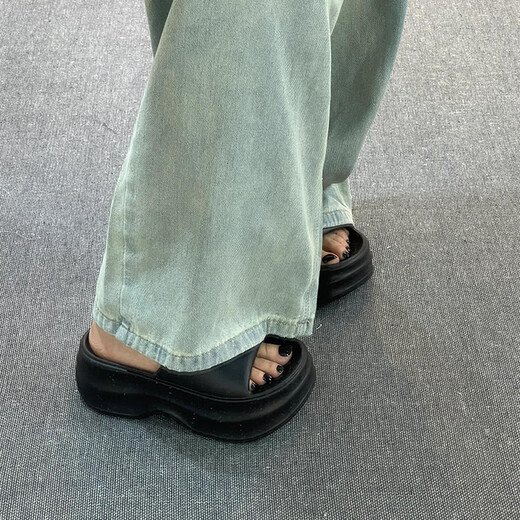 沐霓增高厚底拖鞋女2025女鞋夏季外穿EVA一字拖凉鞋女海边沙滩凉拖鞋 黑色38-39