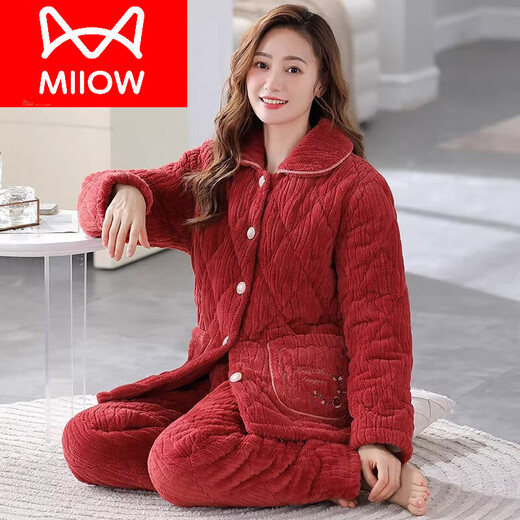 猫人（MiiOW）三层夹棉睡衣女冬季加厚加绒棉袄珊瑚绒中年妈妈保暖家居服 KQ6626 2XL