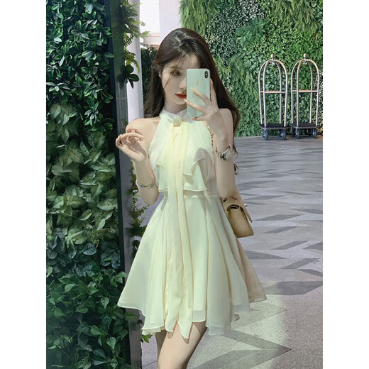 忆静萱（YIJINGXUAN）法式名媛不规则收腰无袖雪纺连衣裙女夏季2025新款性感挂脖短夜店 杏色连衣裙 S 【85一95斤】